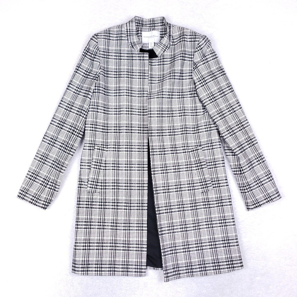Carolina Belle Plaid Open Front Longline Jacket Size M Black
